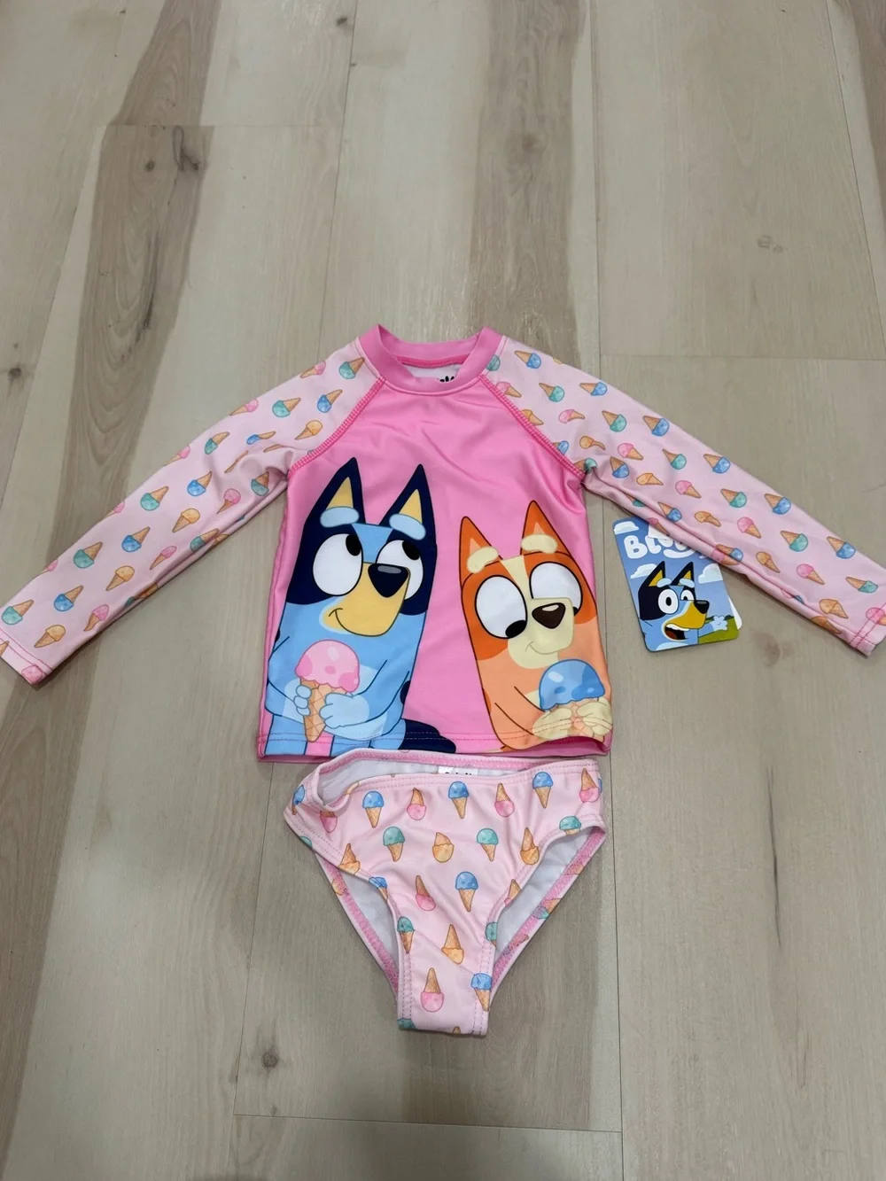 NWT Bluey Baby 12 Month 2 Piece Swimsuit Set Rashguard & Bottoms Pink Icecream